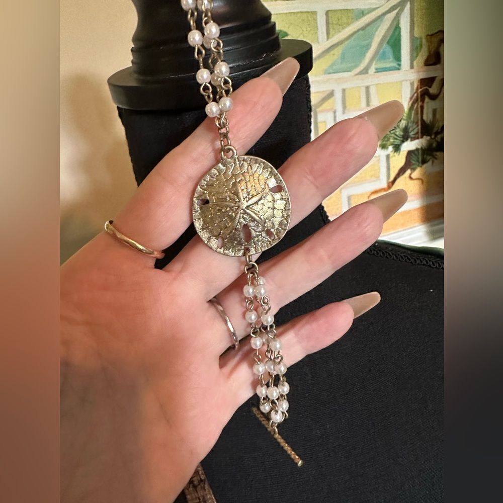 Gold Sand Dollar Bracelet Triple Strand Faux Seed Pearl Toggle Coastal Beach